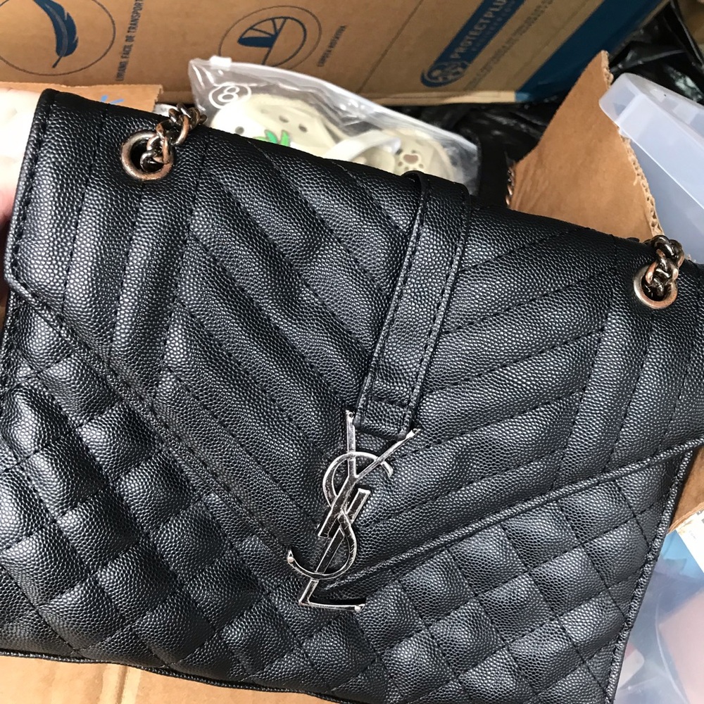 Yves Saint Laurent Black Quilted Chain Crossbody Bag with Silver YSL Logo